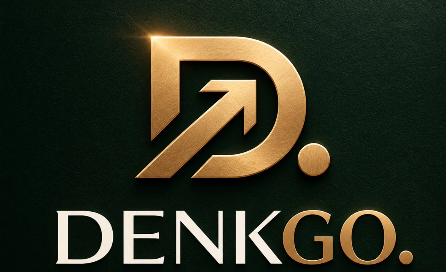 DENKGO. Goldener D-Pfeil und DENKGO-Schriftzug